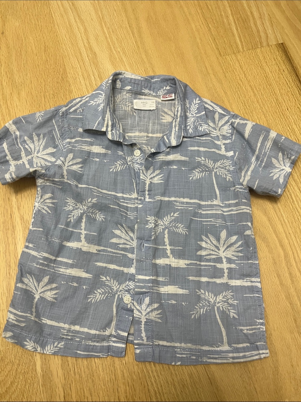 Mango Light Blue Palm-Print Short-Sleeve Button-Down Shirt